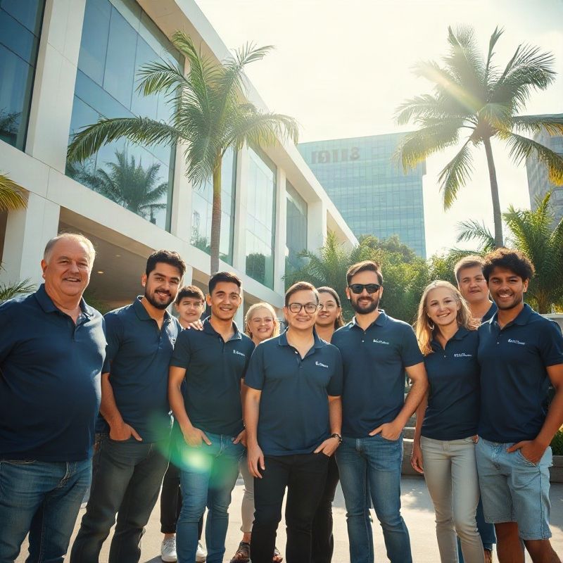 Equipe da Deltagvivid reunida em frente ao escritório em São Paulo