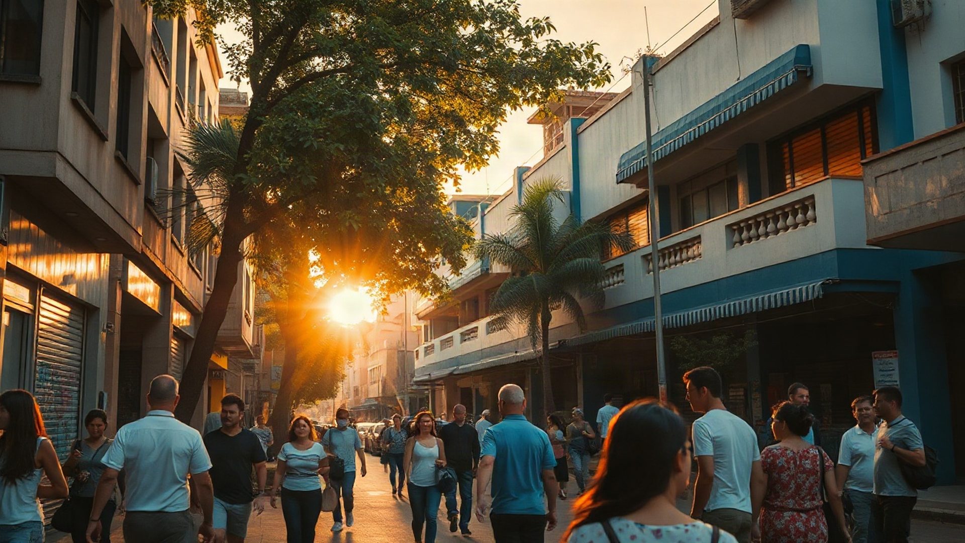 Rua vibrante de São Paulo ao entardecer com moradores interagindo