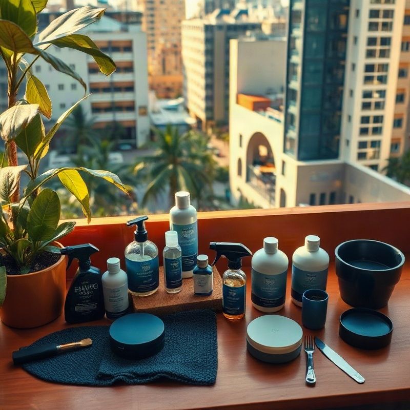 Flat-lay de produtos selecionados sobre superfície terracota com acentos índigo